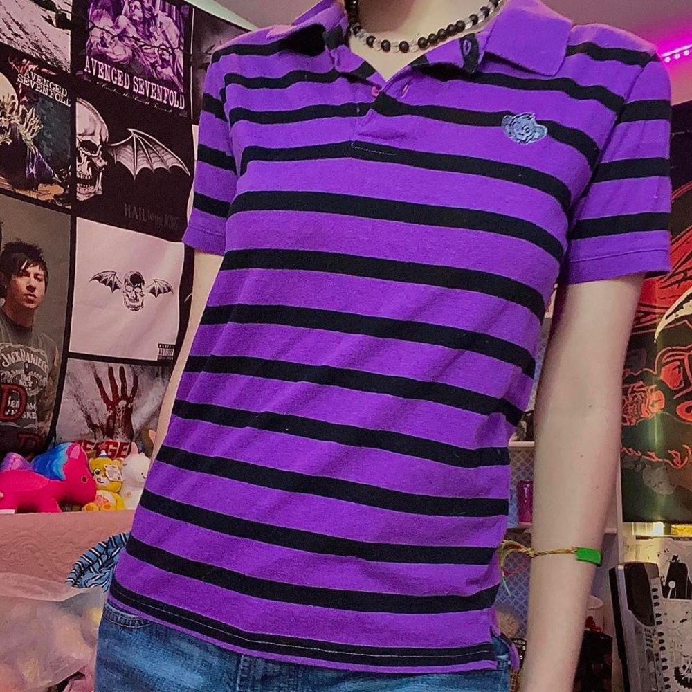 black and purple striped shirt